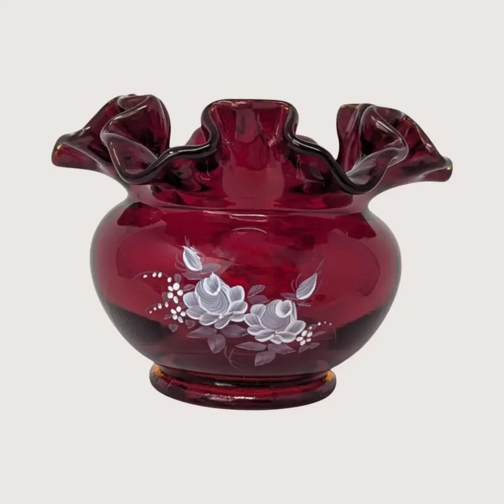 1980s Fenton Ruby Red Glass Hand Painted Ruffled Vase